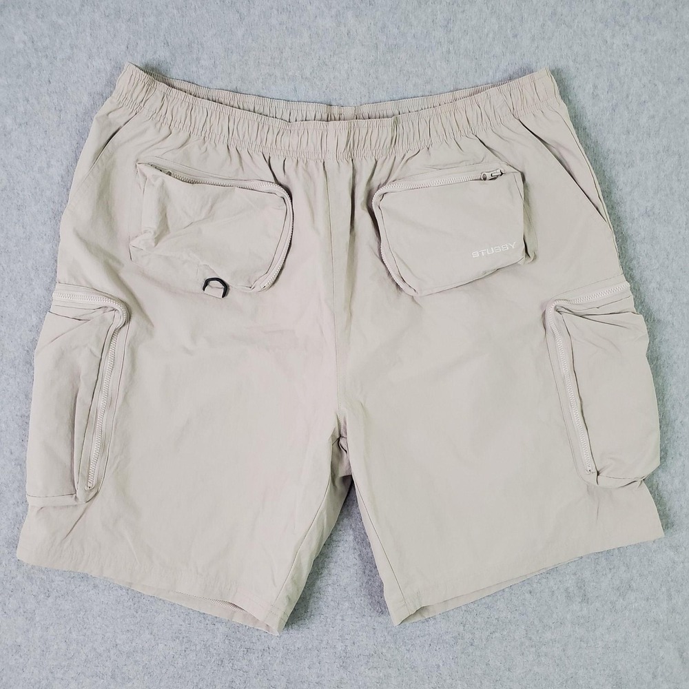 Stussy Shorts Mens 2XL Beige Utility Swim Trunks Cargo Zip Pockets Lined